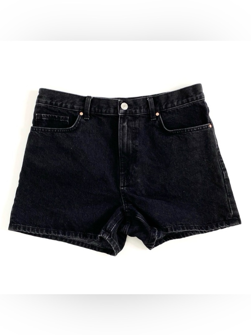 MNG | Black-Wash Denim 100% Cotton 4” Inseam 11 3/4” High-Rise Jean Shorts Sz 10